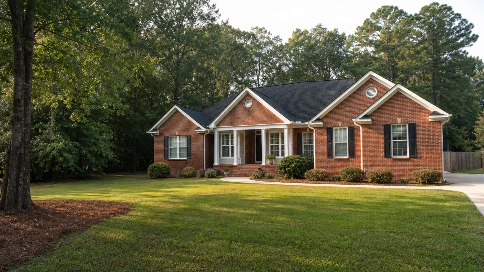Red-brick Georgia home surrounded by mature trees